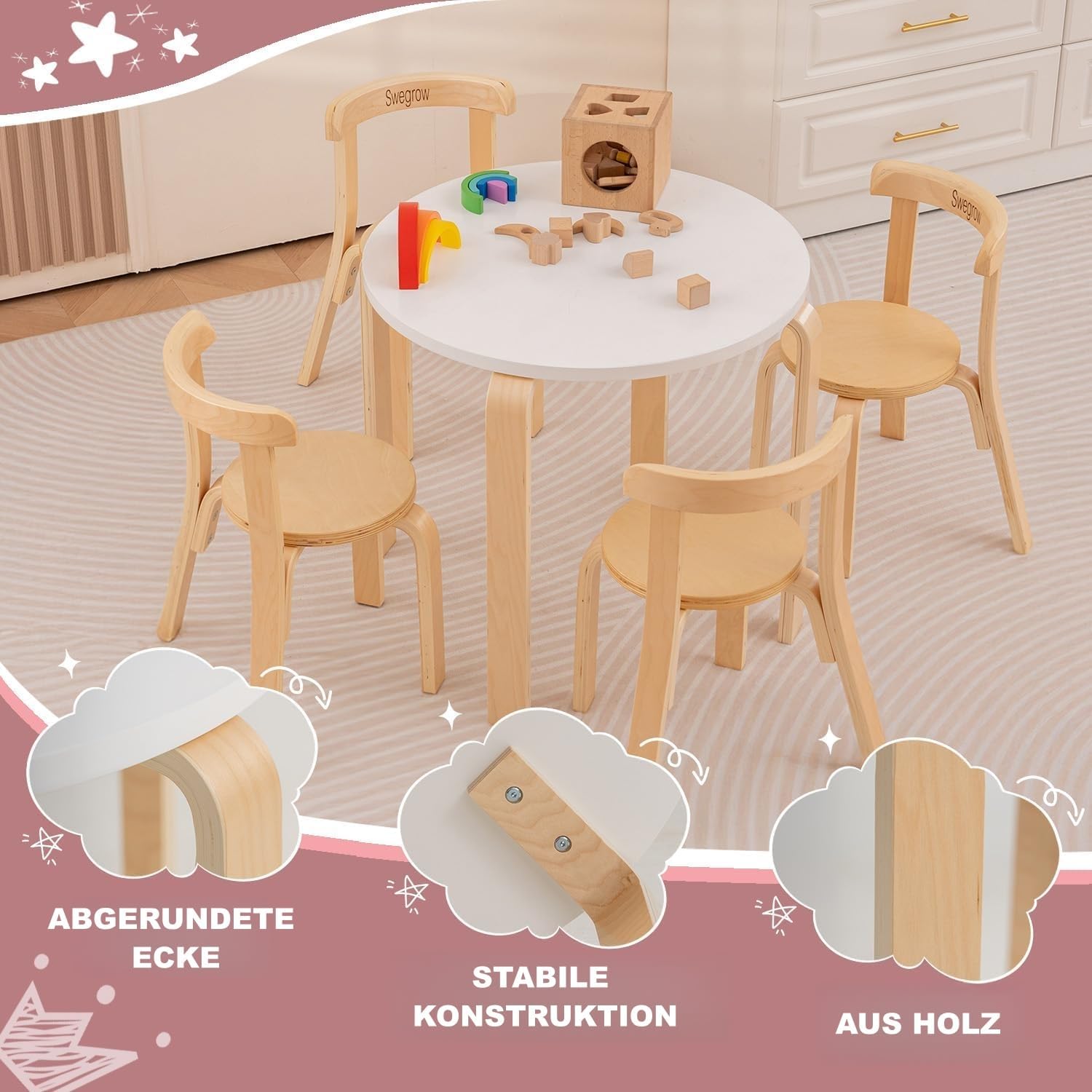 Swegrow Kids Table and 4 Chairs Set, Wooden Table and Chairs for Kids & Toddler，Kid Wooden Furniture for Playroom/Home/Kindergarten