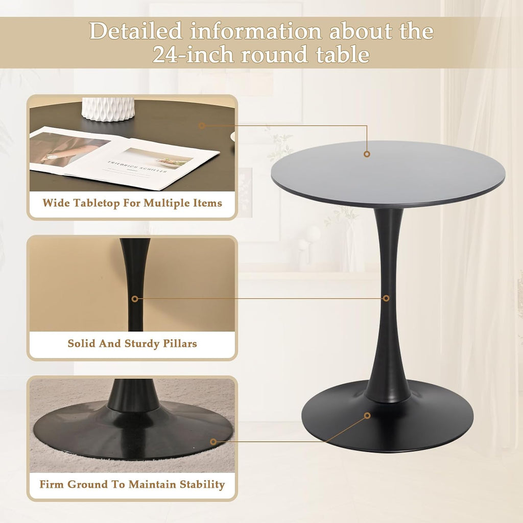 Dining Table and Dining Chair Set 23.6' Black Round Table&2 Boucle Upholstered Chairs for Kitchen Dining Room Small Space 3 Piece Dining Table and Chair Set (Black)