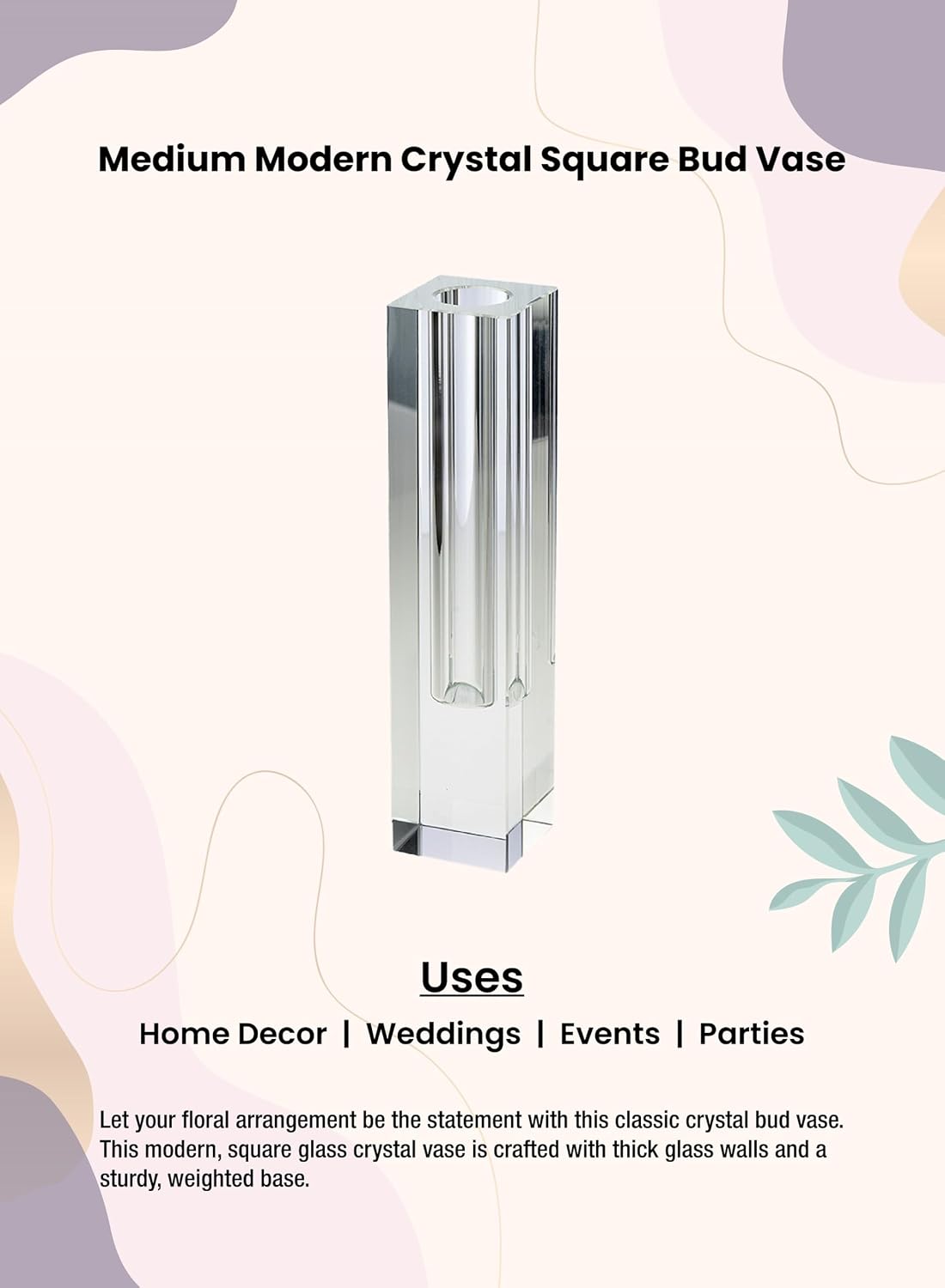 Serene Spaces Living Medium 7' Modern Crystal Square Bud Vase, Decorative Single Flower Vase for Wedding Centerpieces, Events, Parties, Home Décor Accents, Pack of 12