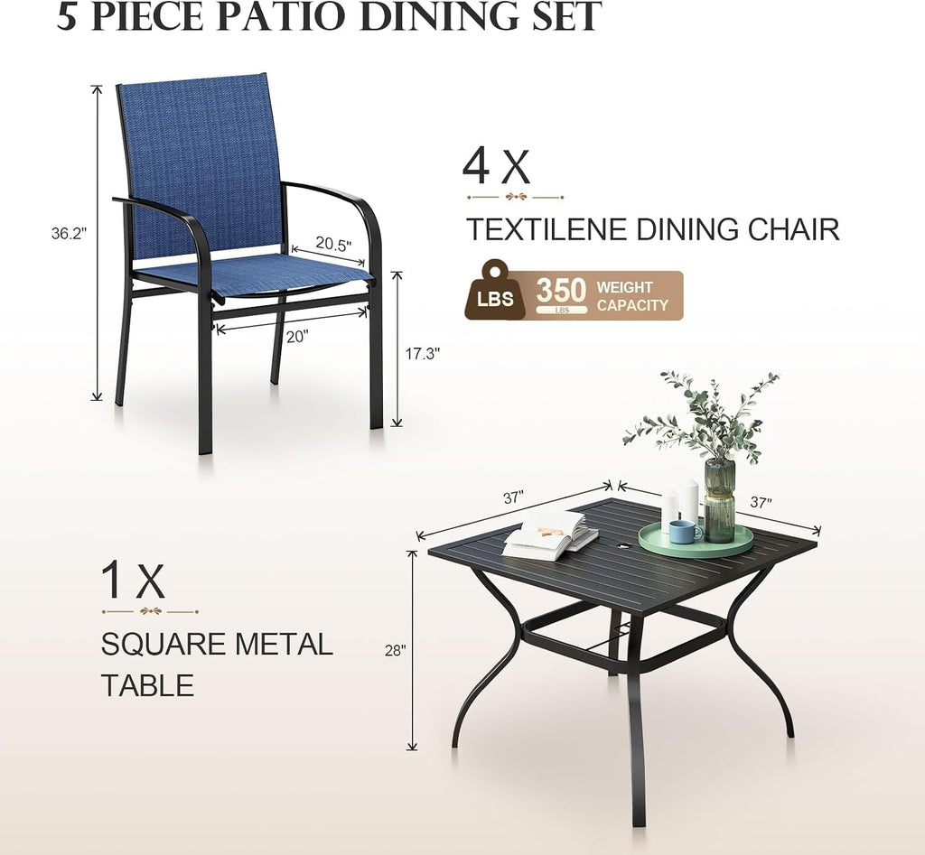 HERA'S HOUSE 5 Pieces Patio Dining Set, Outdoor Table and Chairs Set for 4, 4 x Blue Textilene Dining Chair, 37' Square Metal Dining Table, for Lawn Garden Backyard Deck