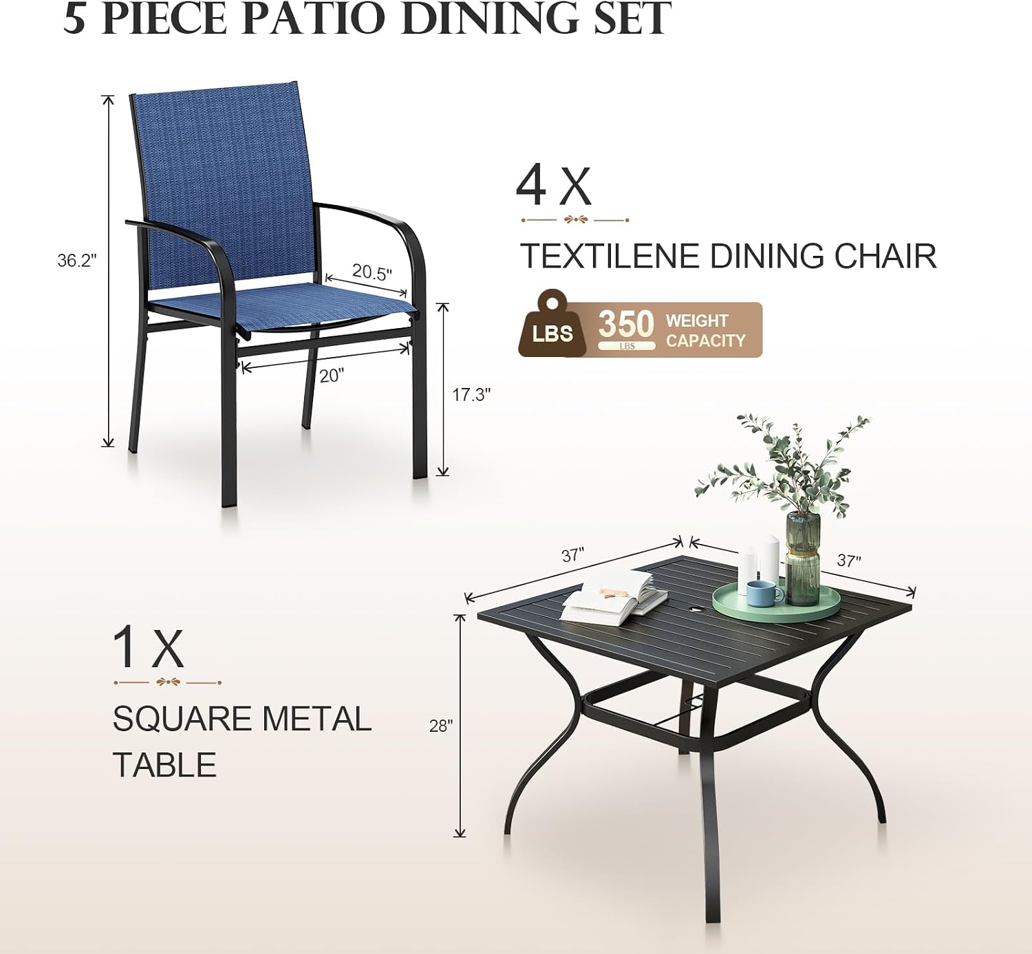 HERA'S HOUSE 5 Pieces Patio Dining Set, Outdoor Table and Chairs Set for 4, 4 x Blue Textilene Dining Chair, 37' Square Metal Dining Table, for Lawn Garden Backyard Deck
