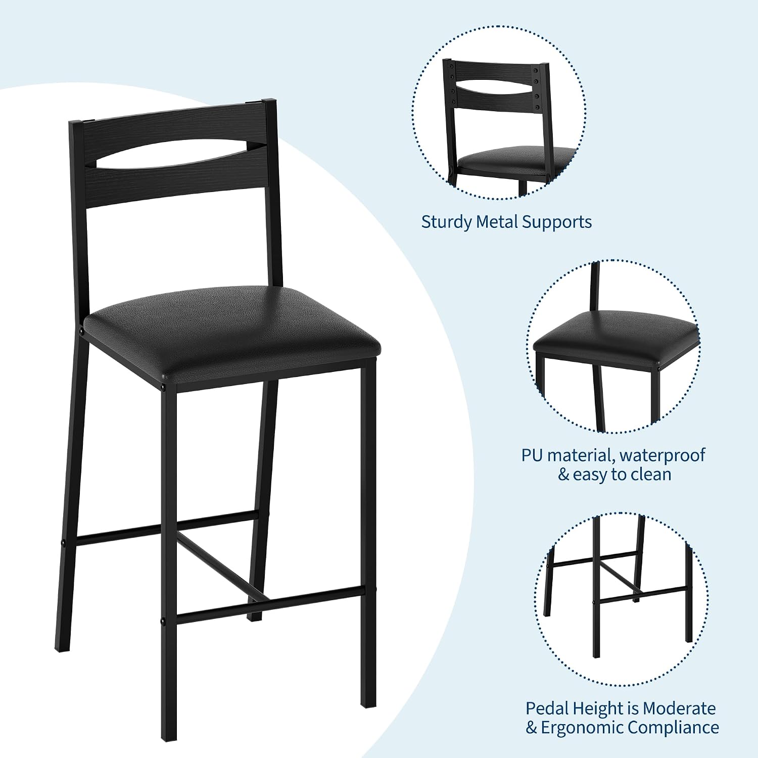 GarveeHome 3-Piece Kitchen Table Set with Storage Shelves & 2 Upholstered Chairs - Iron and Wood Dining Table for Small Spaces, Apartments, Condos, Black