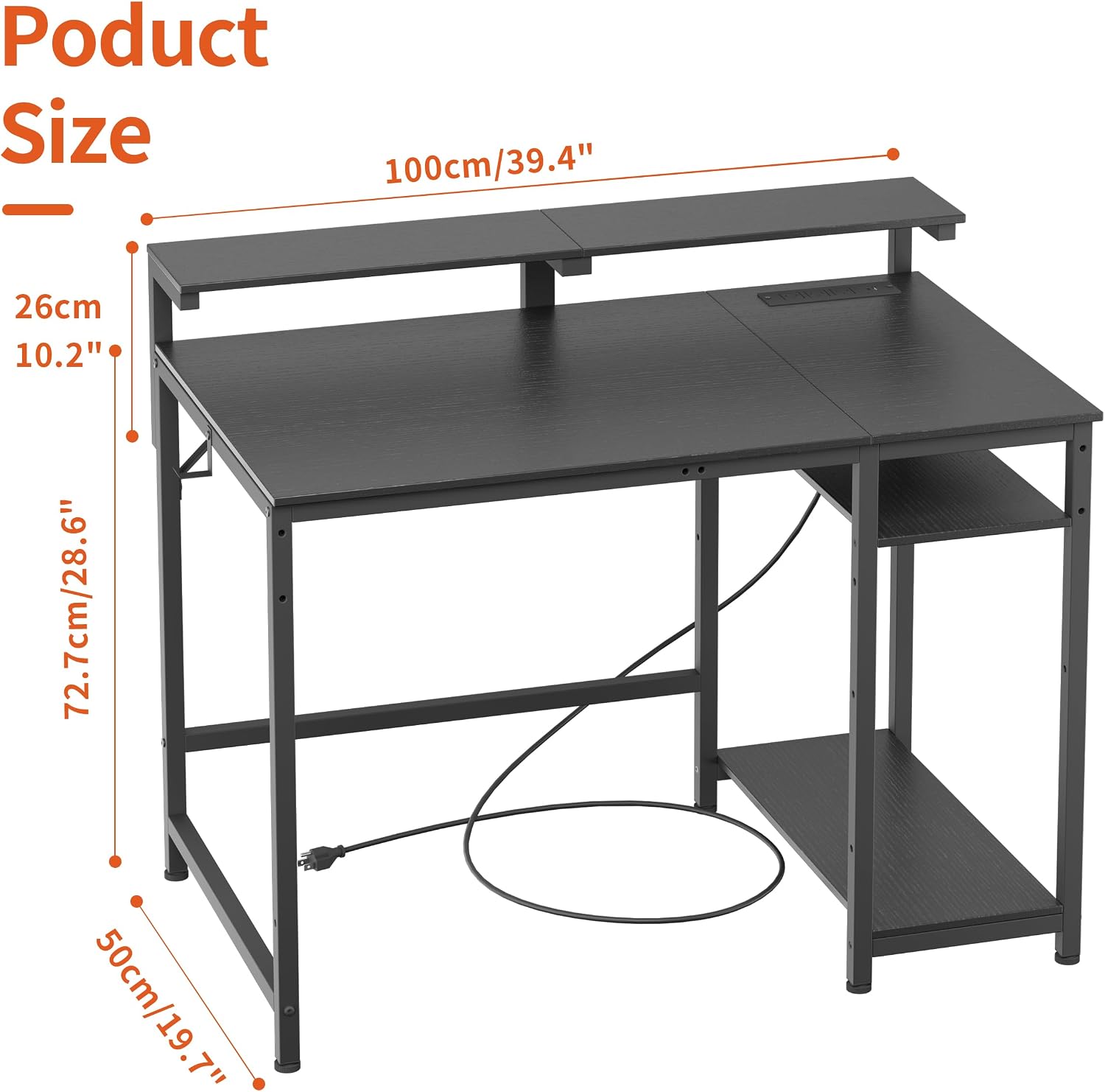 JOISCOPE Home Office Desk with Power Outlets (3AC, USB, Type-C), 40 × 20 Inch Computer Desk with Reversible Shelves, Laptop Table with Display Riser, Gaming Study Drafting Table for Bedroom, Black