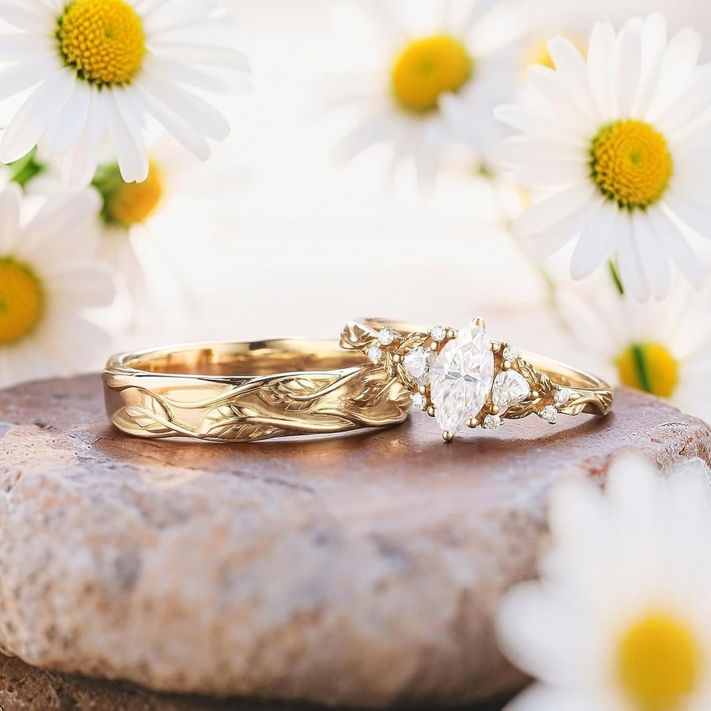 SISGEM Moissanite Couple Rings Set, 10K 14K 18K Solid Gold Moissanite Wedding Rings for Him And Her, Vintage Leaf/Branch Wedding Bands Matching Couple Rings Anniversary Jewelry Gift for Women And Men