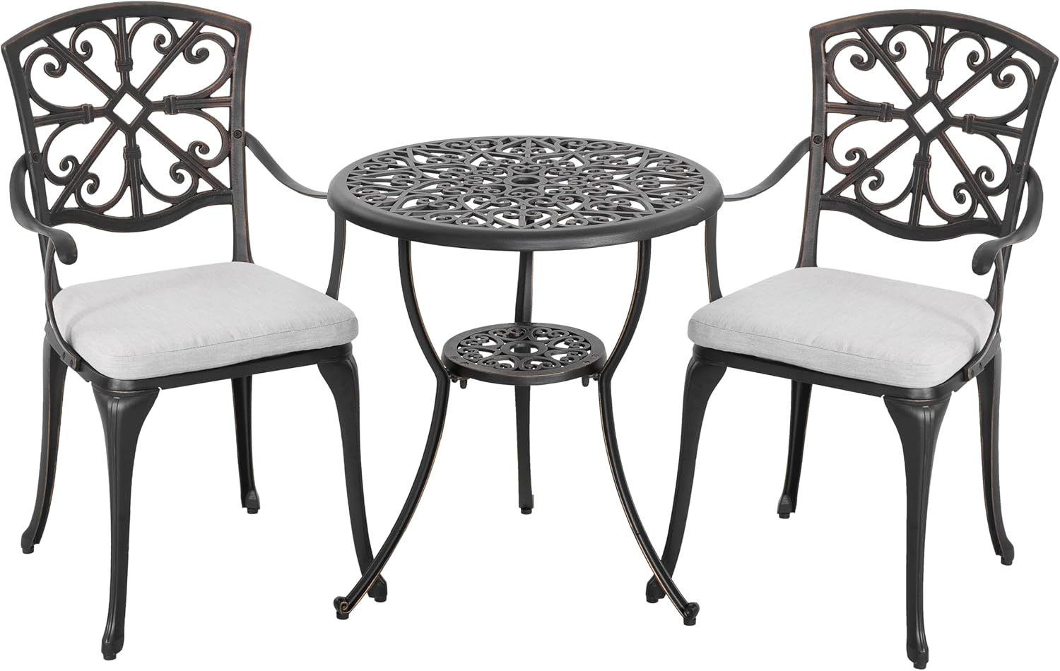 NUU GARDEN Bistro Set 3 Piece Outdoor Cast Aluminum Patio Table and Chairs Set of 2 with Umbrella Hole and Grey Cushions for Backyard, Balcony, Lawn, Black