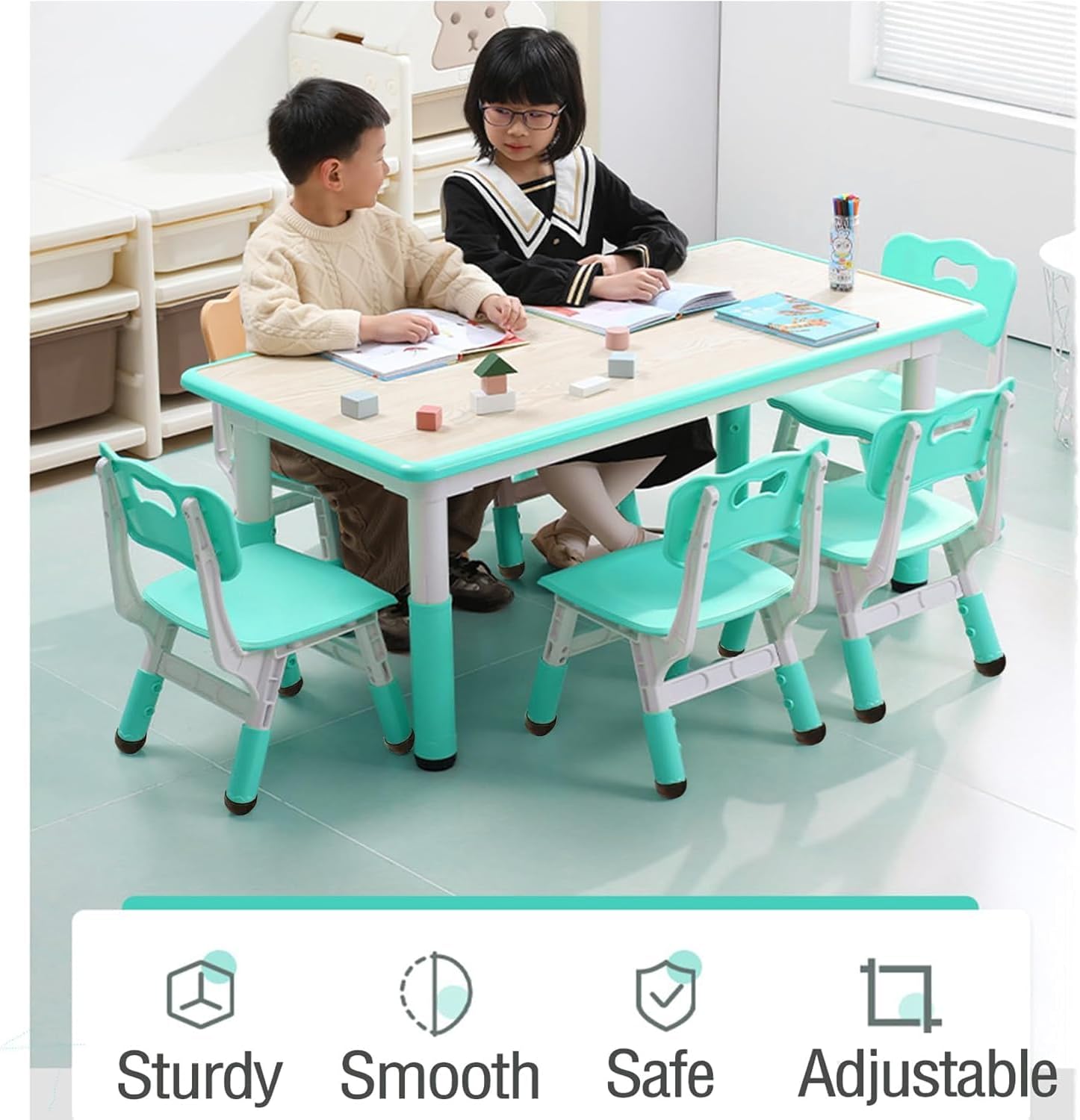 Garvee Kids Table and 6 Chair Set,47 in Modern Height Adjustable Toddler Table and 6 Chairs Set with Non-Slip Desk Legs&Organizer Graffiti Desktop, Preschool Activity Art Craft Tables for 6(Teal