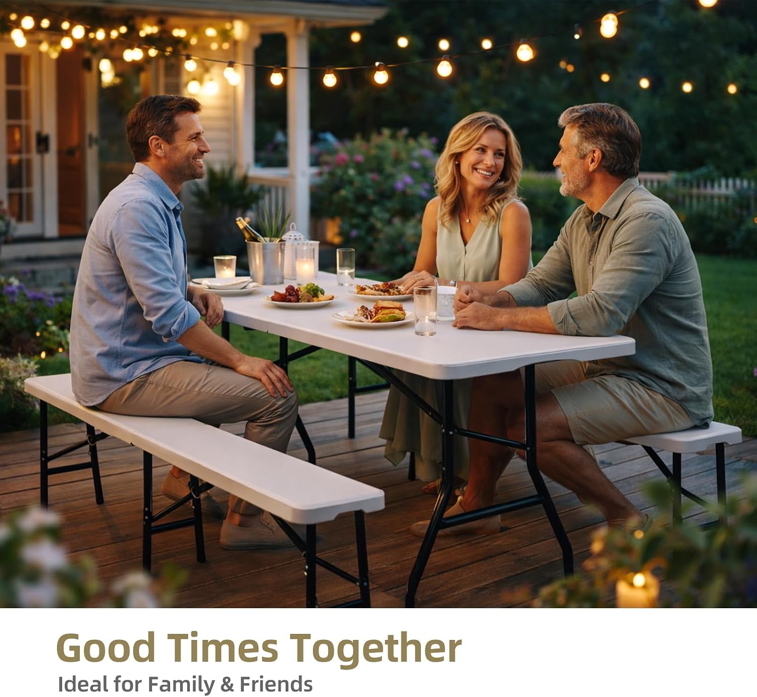 6 Feet Picnic Table Set with 2 Benches, 6ft Folding Camping Table Chair Set for Indoor Outdoor Use, 3-Piece 6 ft Portable Folding Furniture with Handles, White