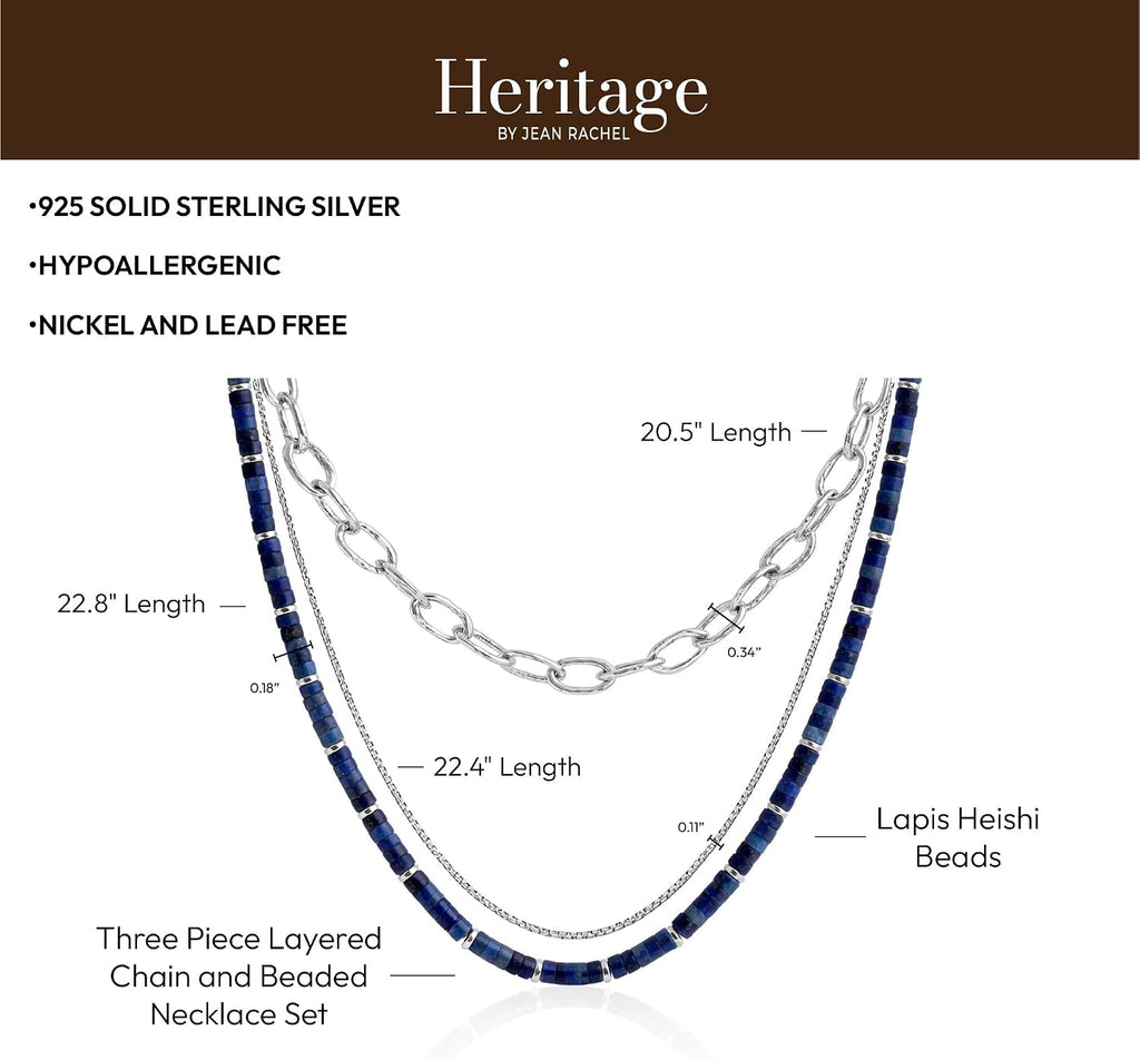 JEAN RACHEL JEWELRY Men's 3-Piece Necklace Layering Set - Hammered Link Chain, Box Chain & Lapis Lazuli Beads - Royal Blue Bundle