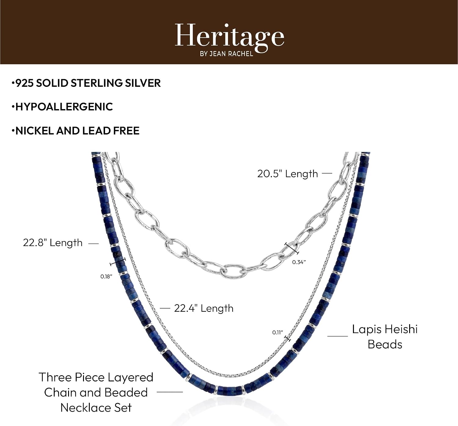 JEAN RACHEL JEWELRY Men's 3-Piece Necklace Layering Set - Hammered Link Chain, Box Chain & Lapis Lazuli Beads - Royal Blue Bundle