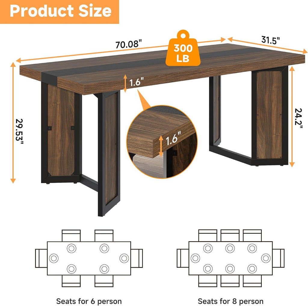 Industrial Dining Table for 6-8 People, 71' Large Long Wooden Kitchen Table with Sturdy Metal Frame & Brown Finish, Rustic Style Rectangular Dinner Table for Dining Room, Kitchen (Reddish Brown )