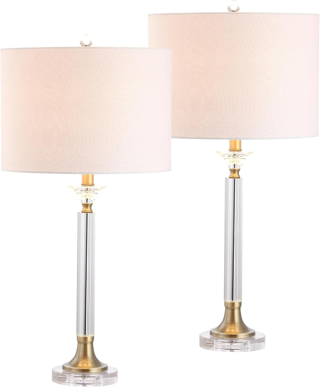 JONATHAN Y 28' Clear/Brass Gold Crystal and Metal Candlestick LED Table Lamp Set of 2, Modern Transitional Nightstand Lamps with White Linen Drum Shade, LED Bulbs Included JYL5039A-SET2