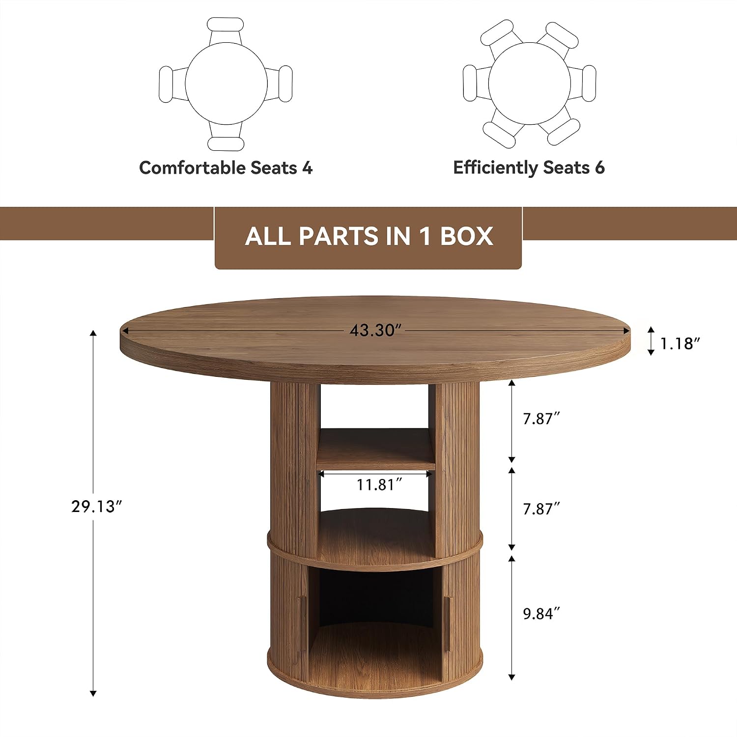 43' Round Dining Table with Storage Shelf, Farmhouse Modern Kitchen Table for 4-6, Circular Wood Dining Room Table for Small Spaces, Space Saving Pedestal Table for Apartment & Breakfast Nook, Walnut
