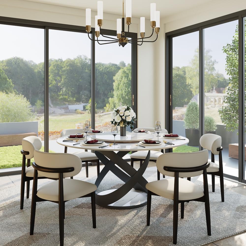 POVISON 59' Modern Dining Table, Glossy White Round Dining Table for 6 Built in Lazy Susan, Sintered Stone Dining Tabletop with Black X Carbon Steel Base (Table Only)