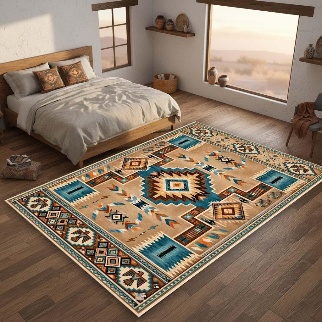 Southwestern Aztec Area Rug 5'x8' Turquoise Beige Navajo Tribal Carpet, Rustic Western Farmhouse Rug, Non Slip Washable Low Pile for Living Room Bedroom Cabin Decor