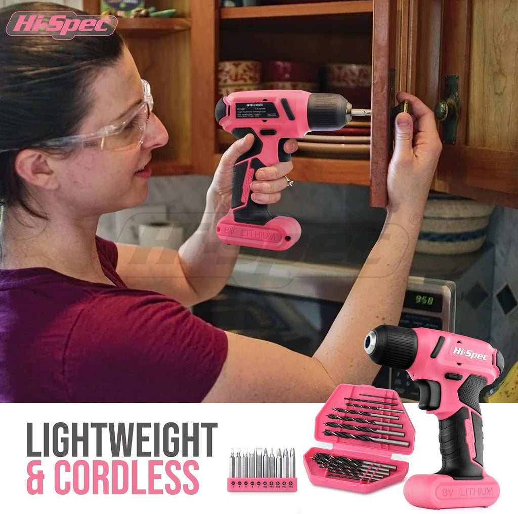 Hi-Spec 58pc Pink 8V USB Electric Power Cordless Drill Driver & Tool Kit Set and 58pc Red 8V USB Electric Power Cordless Drill Driver & Tool Kit Set