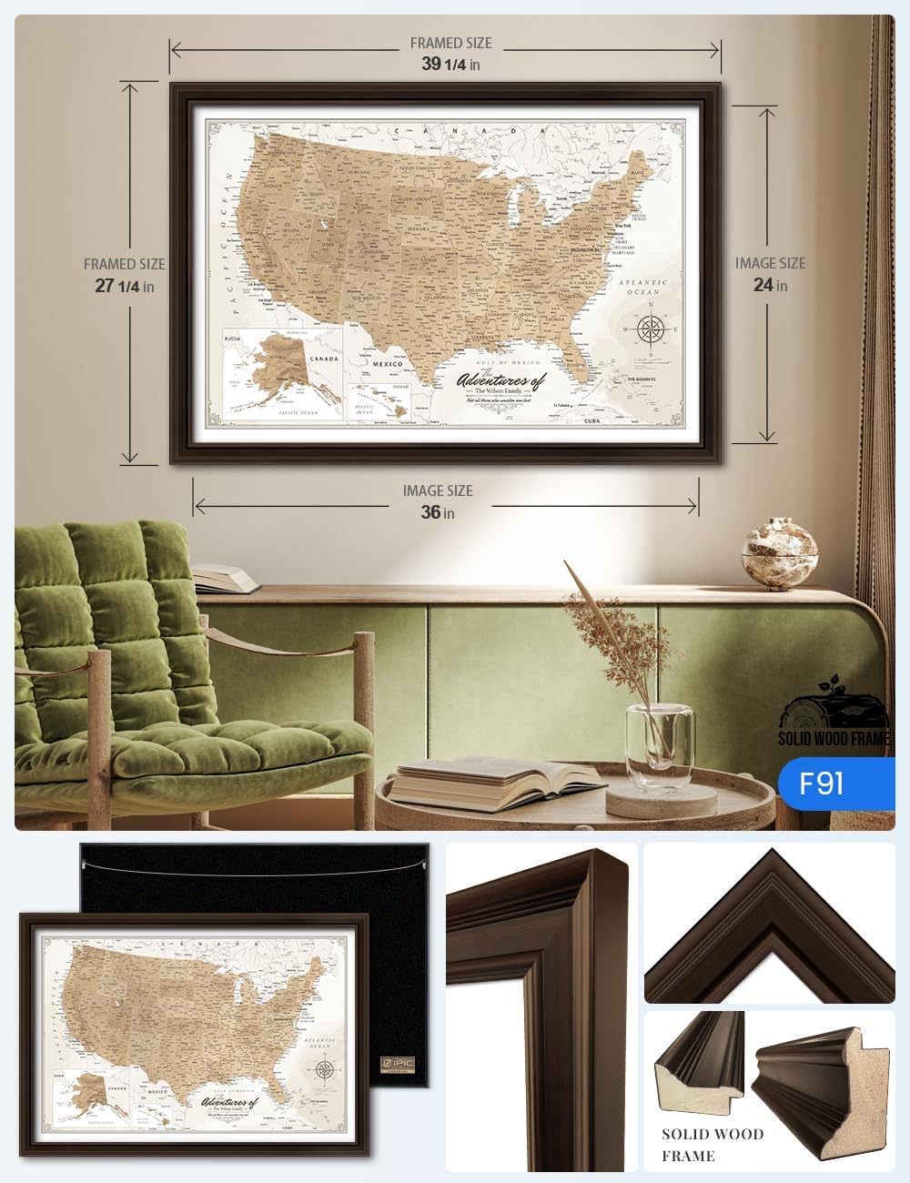 IPIC - Custom Canvas USA Map for Wall Decor, Push Pin Board Decor to Mark Travels, Personalized Artwork with Names and Message on, Oversize USA Travel Map Print for Home, Office, Study, and RV