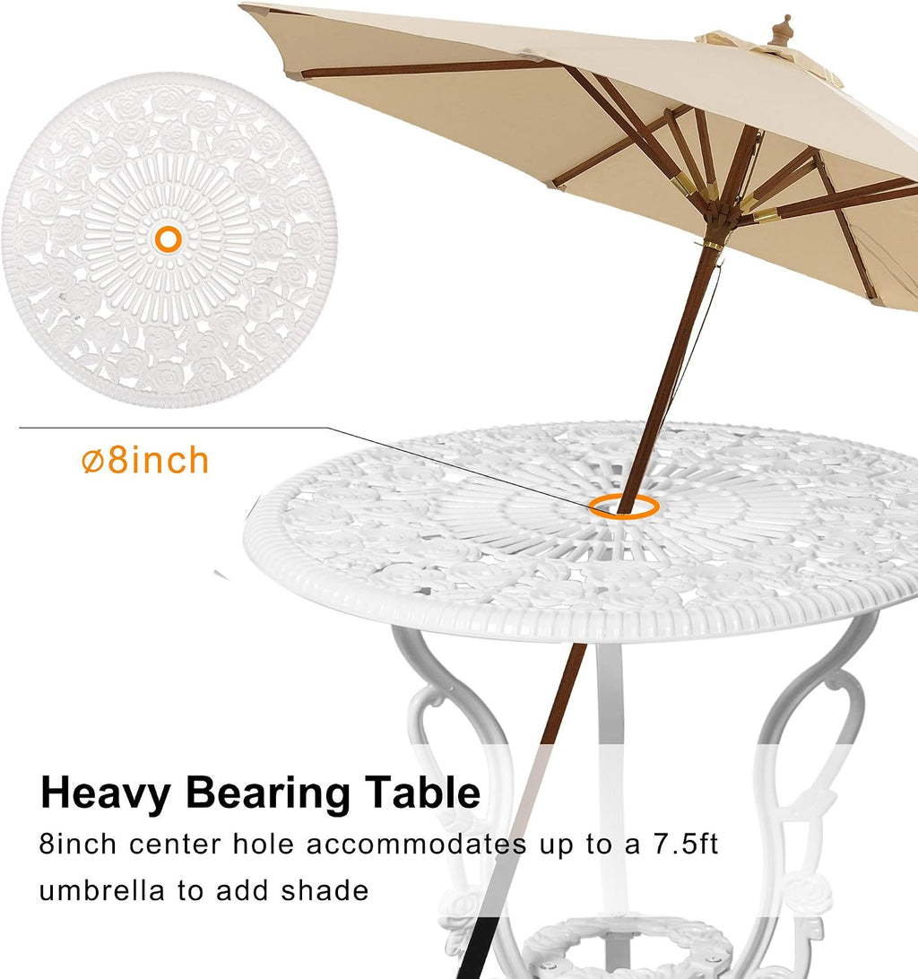 HOMEFUN Bistro Table and Chairs Set of 2 Outdoor 3 Piece Patio Set, Rose Pattern Cast Aluminum Bistro for Garden Balcony, Durable Rust All-Weather Resistance, Rose White