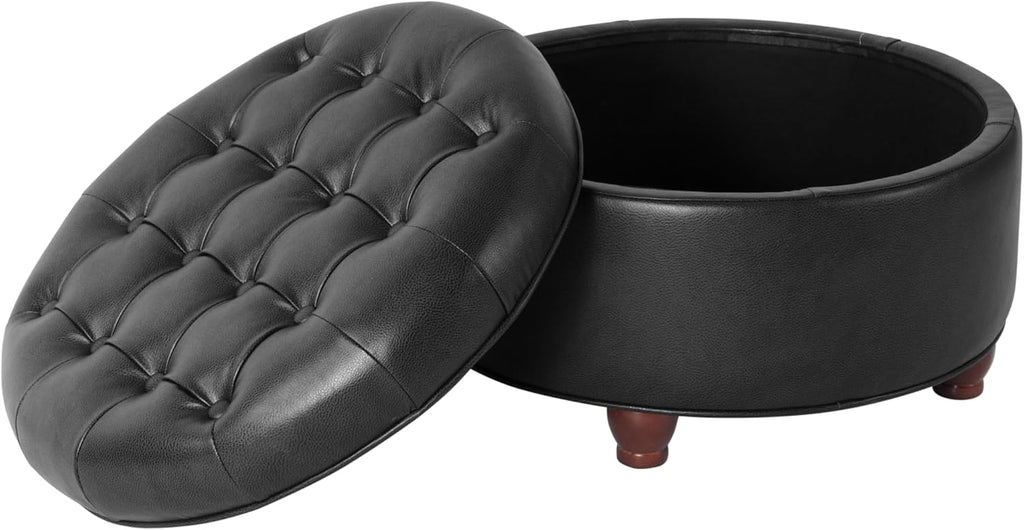 Homepop Home Decor | Button Tufted Faux Leather Round Storage Ottoman | Ottoman with Storage for Living Room & Bedroom (Black Faux Leather)