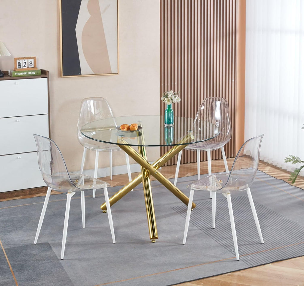 Round Glass Dining Table,Glass Dining Room Table with Metal Legs, Modern Style Glass Kitchen Table for Home, Kitchen, Dining Room