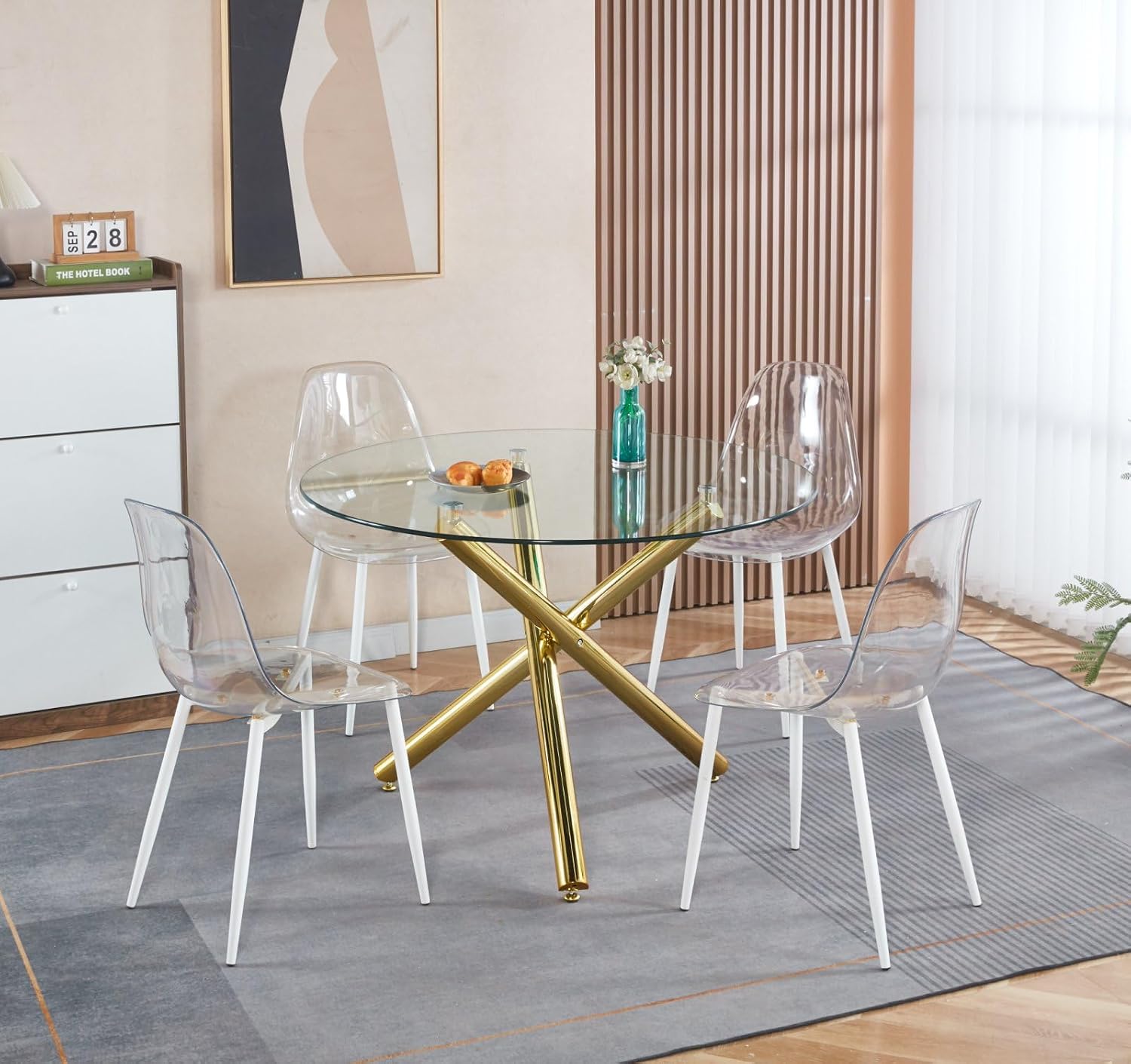 Round Glass Dining Table,Glass Dining Room Table with Metal Legs, Modern Style Glass Kitchen Table for Home, Kitchen, Dining Room