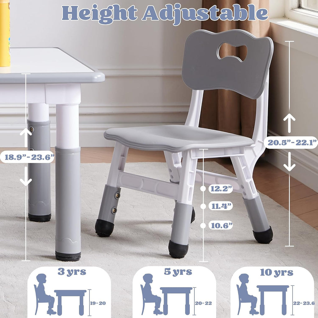 Kids Table and 4 Chairs Set, Height Adjustable Toddler Table and Chair Set, Toddler Desk with Graffiti Desktop & Non-Slip Legs, Children Activity Table for Daycare, Classroom (Grey)