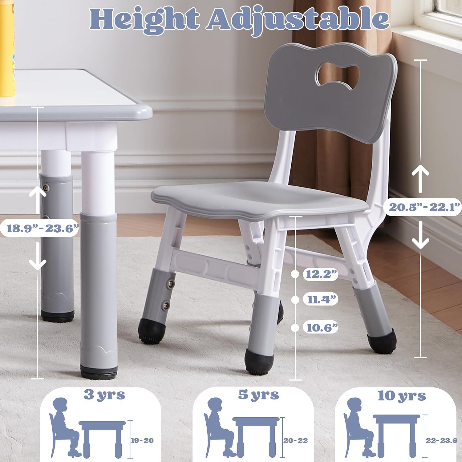 Kids Table and 4 Chairs Set, Height Adjustable Toddler Table and Chair Set, Toddler Desk with Graffiti Desktop & Non-Slip Legs, Children Activity Table for Daycare, Classroom (Grey)