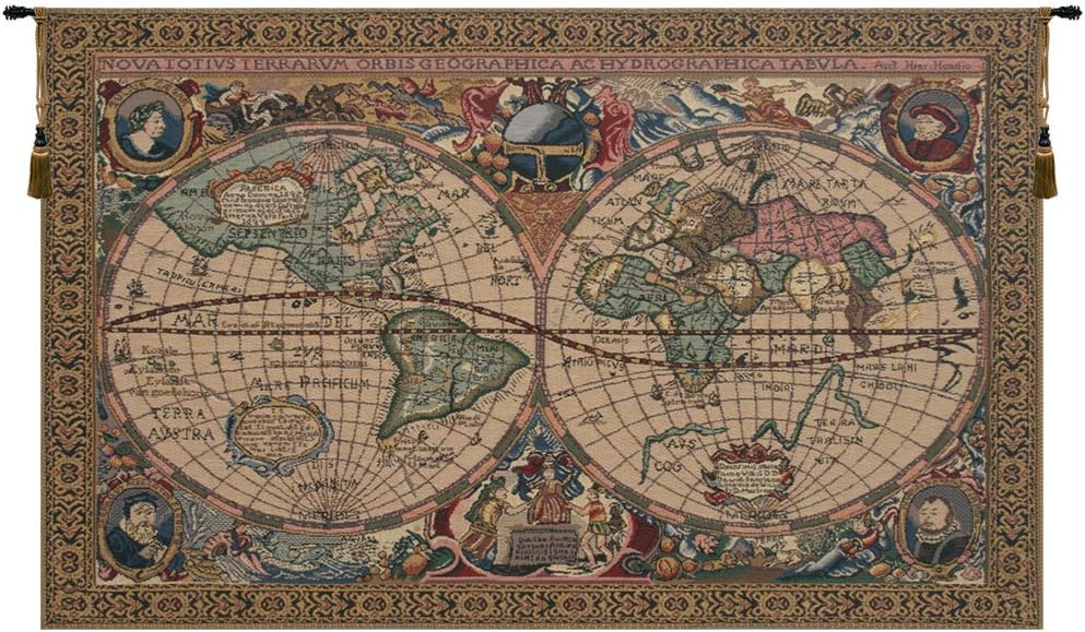 C Charlotte Home Furnishings Inc Map Mercator Belgian Tapestry Wall Hanging | Viscose Cotton and Polyester Blend Wall Art | 22 in. x 33 in | Home Decor Accents