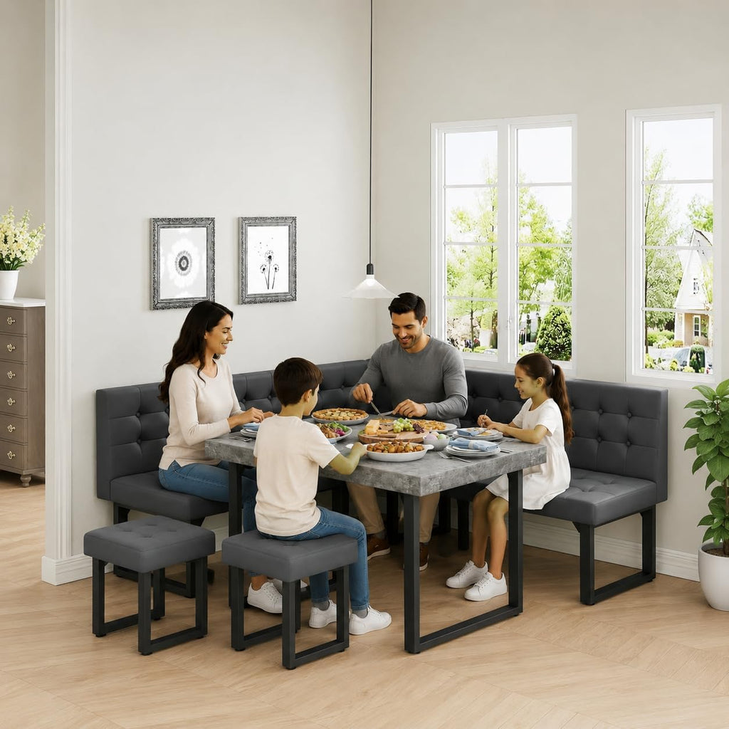 XIAO WEI Corner Dining Table Set for Small Spaces, 72 Inch Breakfast Nook with Storage Banquette, 5 Piece Dining Set with Upholstered Bench, Modern Grey