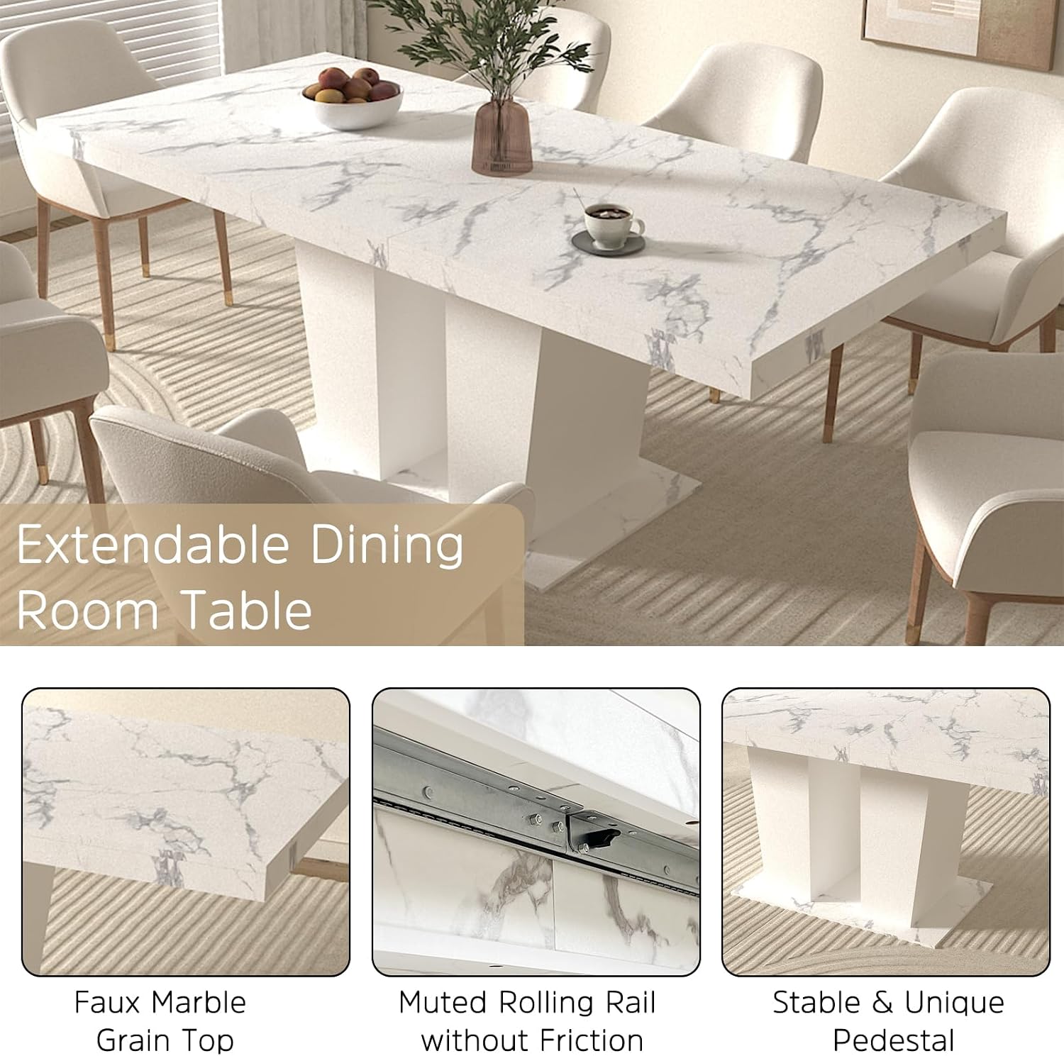 Henf 7 Pieces Faux Marble Dining Table Set for 6, 63'-79' Extendable Dining Room Table and 6 Grey Tufted Chairs Set for 6, Modern Large Expandable Kitchen Table with White Double Columns Base
