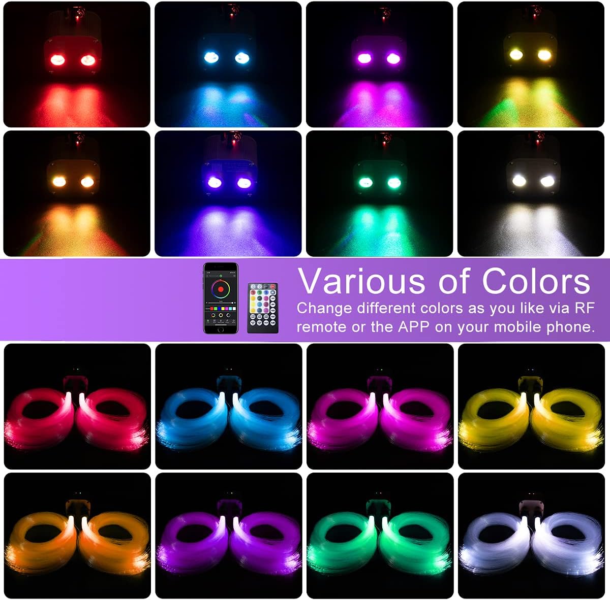 AZIMOM Dual Port 20W Twinkle Starlight Headliner Kits 600pcs 0.03in 9.8ft Fiber Strands Dual Head Fiber Optic Light RGBW Sound Remote Control Light Source Home Ceiling Indoor Car Roof Decor