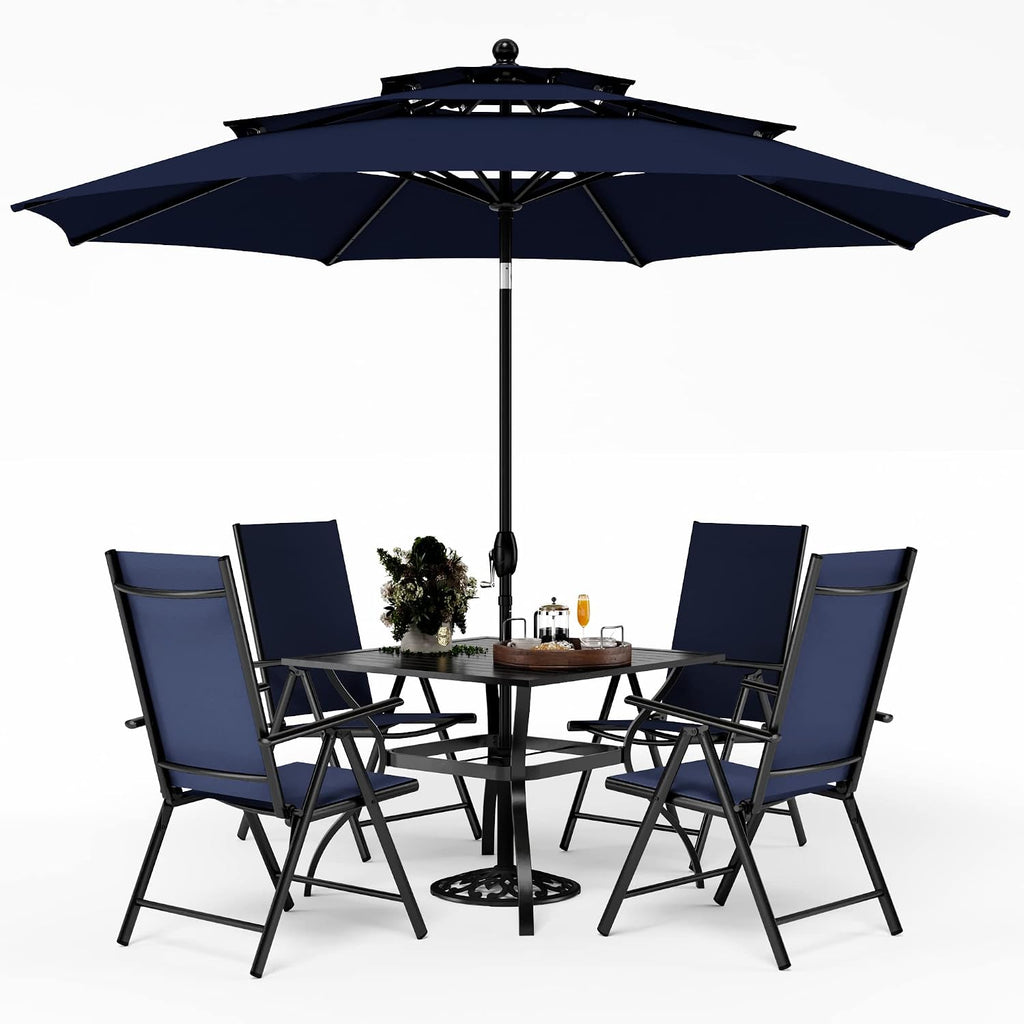 PHI VILLA Outdoor Dining Furniture Set with Umbrella, Patio Dining Set for 4 with Metal Outdoor Table and Chairs, Patio Table Set with Portable Folding Chairs & Navy Blue Umbrella (No Base)