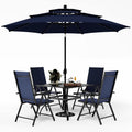 PHI VILLA Outdoor Dining Furniture Set with Umbrella, Patio Dining Set for 4 with Metal Outdoor Table and Chairs, Patio Table Set with Portable Folding Chairs & Navy Blue Umbrella (No Base)