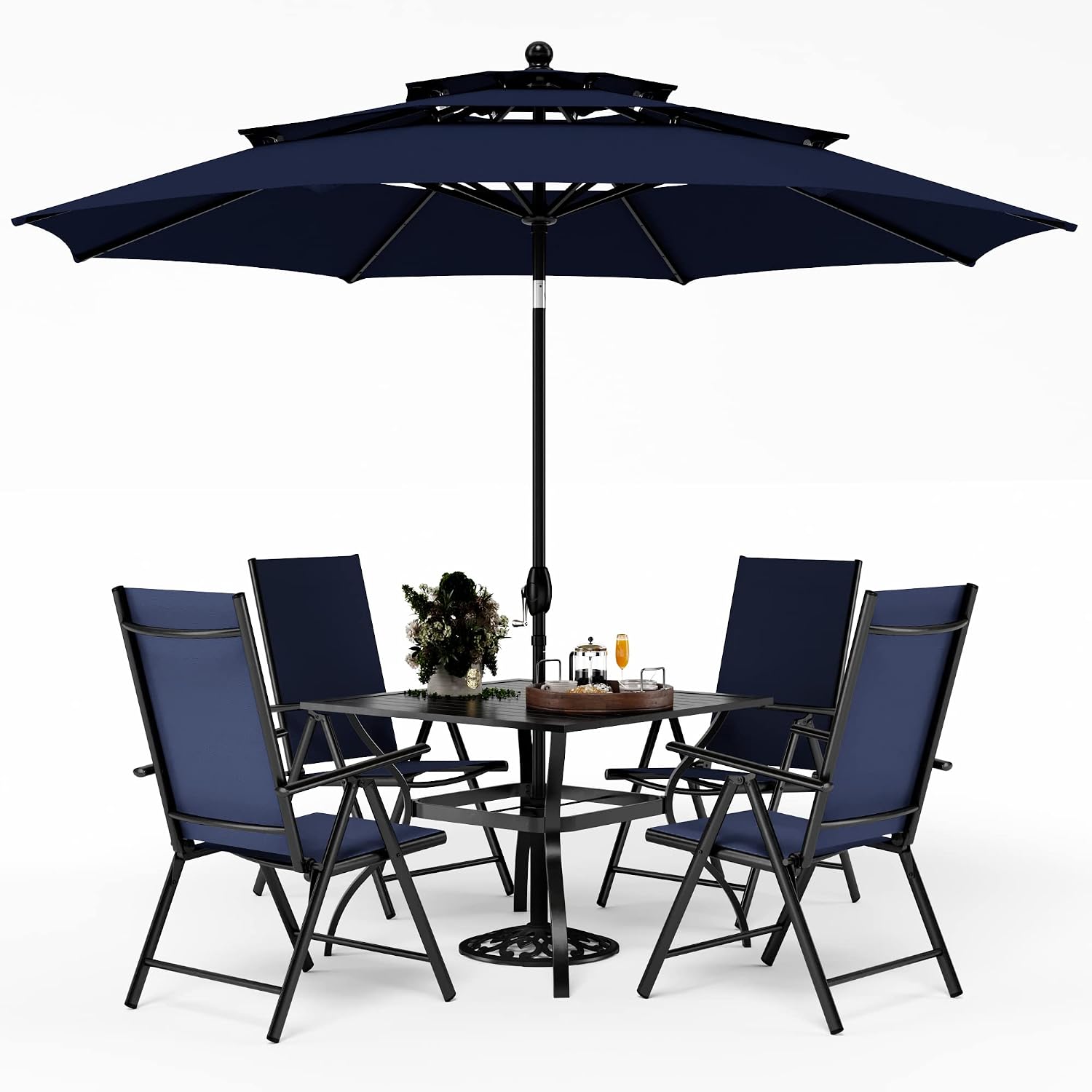 PHI VILLA Outdoor Dining Furniture Set with Umbrella, Patio Dining Set for 4 with Metal Outdoor Table and Chairs, Patio Table Set with Portable Folding Chairs & Navy Blue Umbrella (No Base)