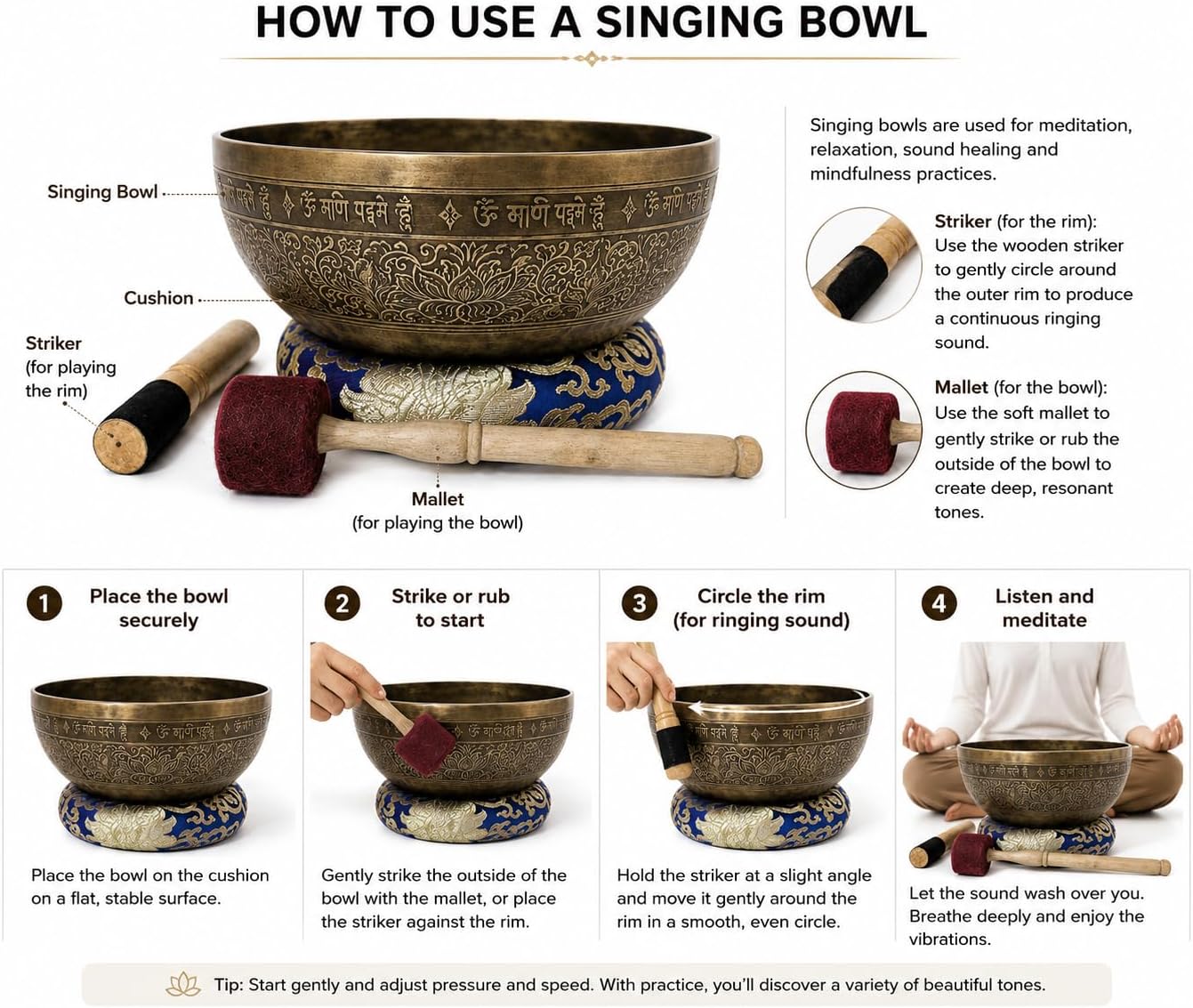 12' Om Mane Padme Hum Mantra Carved Singing Bowl for Meditation, Healing & Music Therapy - Tibetan Handmade Bowls