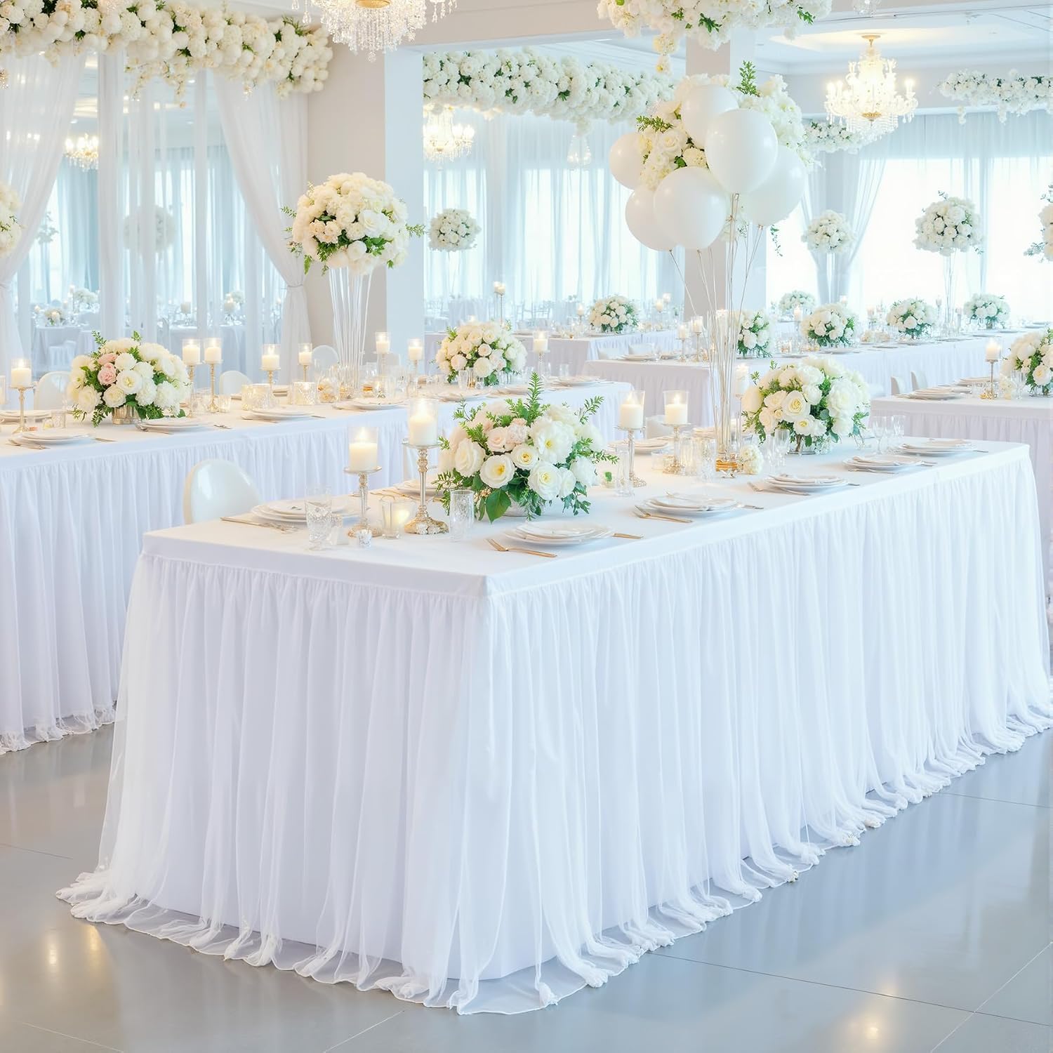 6 Pack White Table Cloth for 6 Foot Rectangle Tables, White Stretch Fitted Tulle Table Covers Skirt, Rectangular Ruffle Tutu Tablecloth Wedding Banquet Baby Shower Cake Tablecloths Decorations