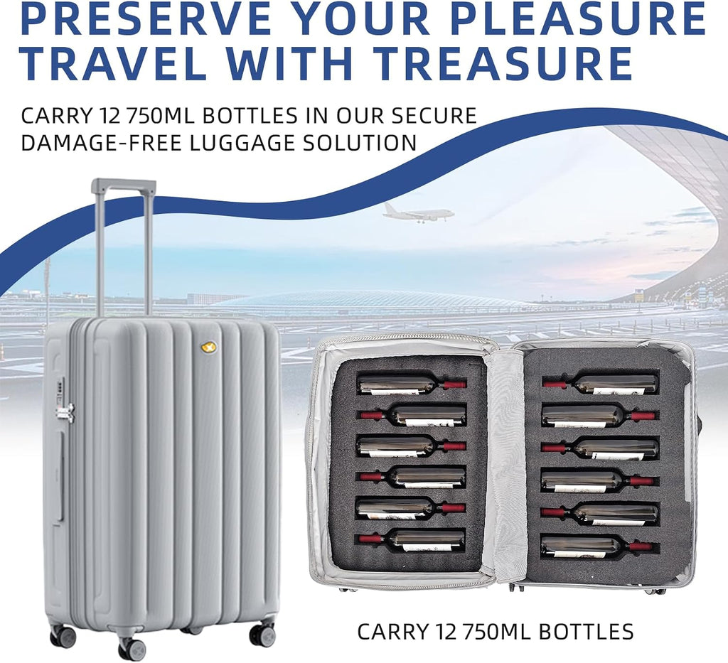 Wine Suitcase for Airplanes - 12 Bottle Capacity, Durable Shipping Box, Travel Case With TSA Lock, Versatile Carrier With Removable Inserts and Silent Spinner Wheels (Sleek Silver)