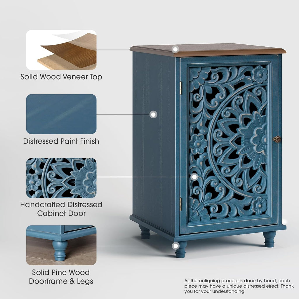 JOINICE Small Accent Cabinet with Carved Mandala Door,Storage Cabinet with Solid Wood Legs & Adjustable Shelf,Boho Distressed End Table for Living Room,Bedroom, Entryway Side Table(Blue & Walnut)