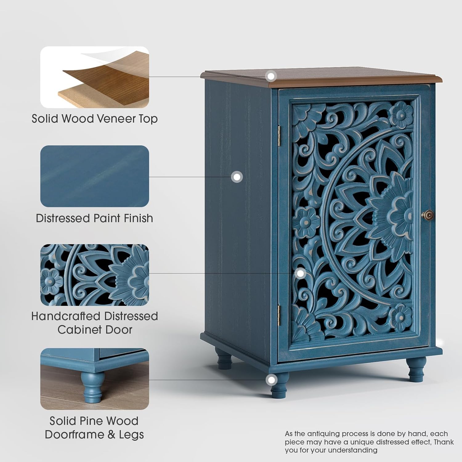 JOINICE Small Accent Cabinet with Carved Mandala Door,Storage Cabinet with Solid Wood Legs & Adjustable Shelf,Boho Distressed End Table for Living Room,Bedroom, Entryway Side Table(Blue & Walnut)