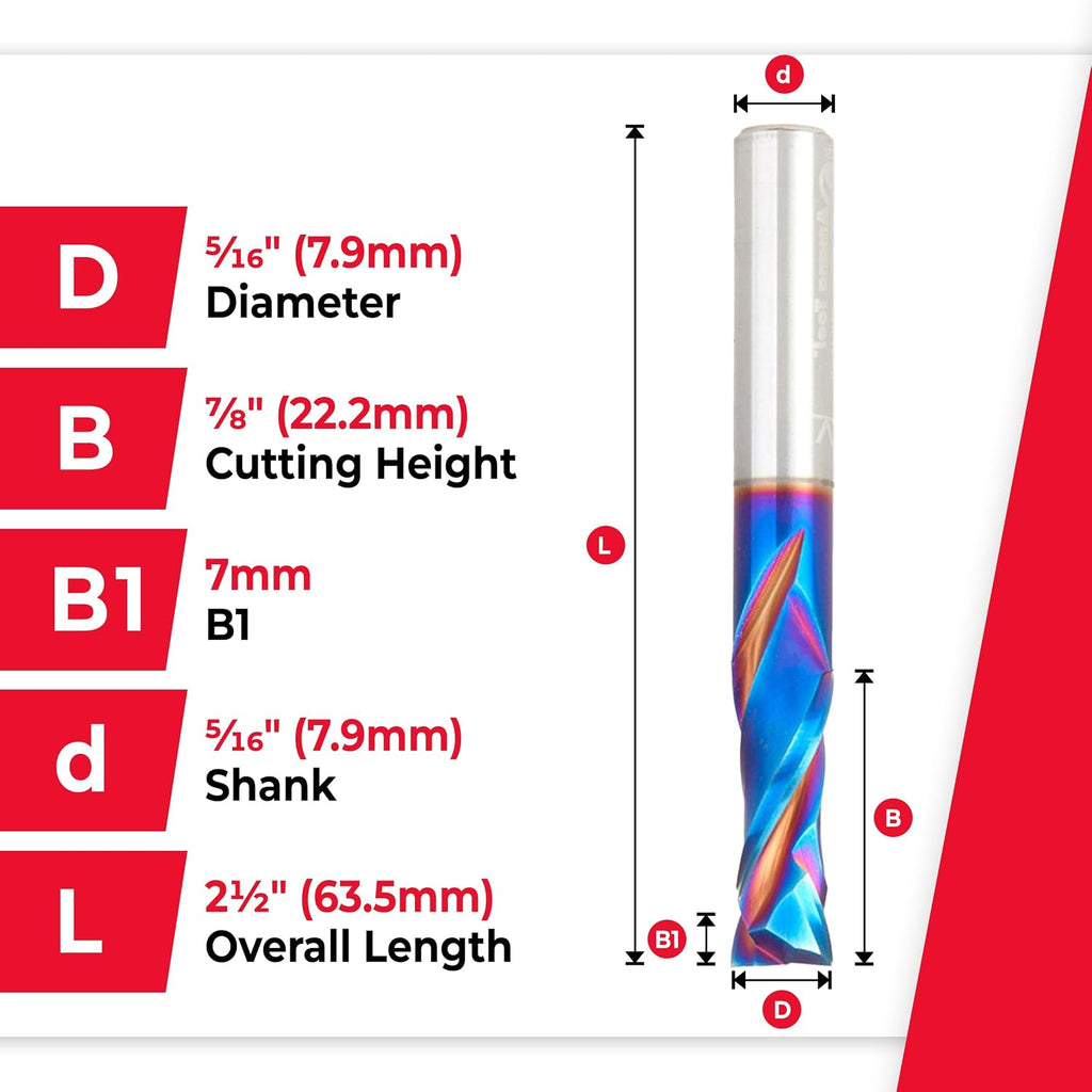 Amana Tool Spektra Extreme Tool Life Solid Carbide CNC Compression Spiral Router Bit, 46039-K, 5/16 D x 7/8 CH x 5/16 Shank x 2-1/2 Inch Long 2 Flute