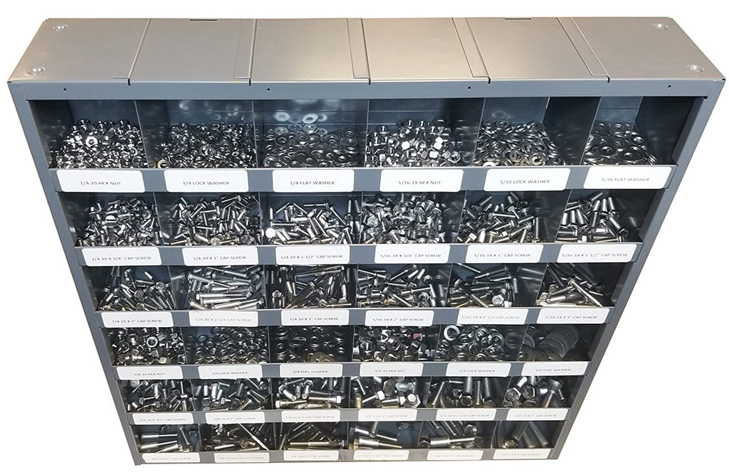 M&M Fasteners 2,510 Piece Stainless Steel 18-8 Coarse Thread Nut Bolt Hex Bolt & Washer Assortment Kit with 36-Compartment Metal Bolt Bin