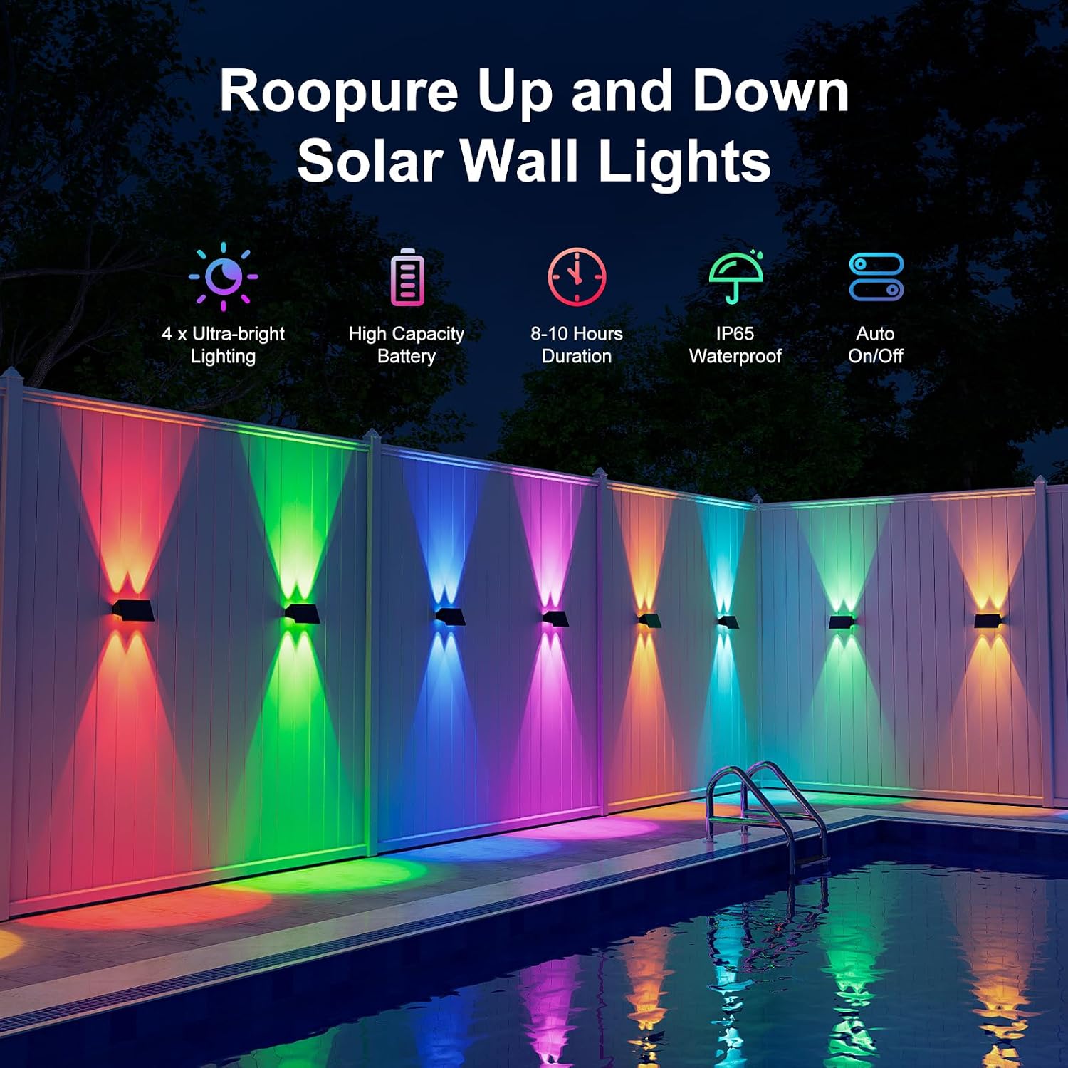 12 Pack RGB Solar Up and Down Wall Lights Outdoor Decorative Fence LED Waterproof Lamps for Deck, Patio, Porch, House, Garden, Pool Cage, Dynamic Color Changing Lights for Festive Atmosphere Building