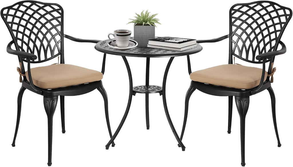 HOMEFUN Thickened Heavy-Duty Cast Aluminum Outdoor 3 Piece Patio Bistro Set of 2 with Armrests & Padded Cushion, Ultra Sturdy Rustproof All-Weather for Garden Balcony， White