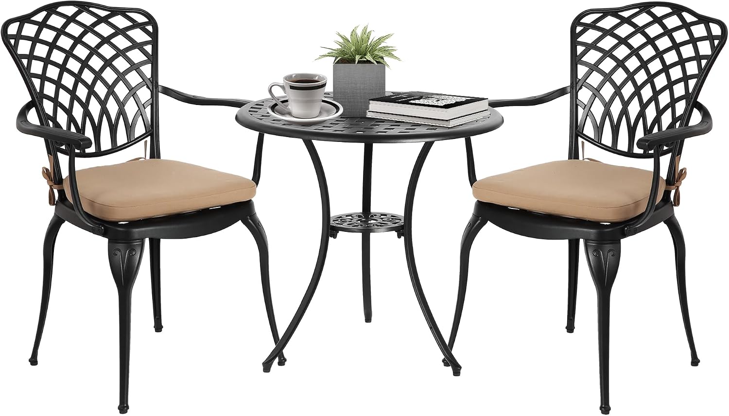 HOMEFUN Thickened Heavy-Duty Cast Aluminum Outdoor 3 Piece Patio Bistro Set of 2 with Armrests & Padded Cushion, Ultra Sturdy Rustproof All-Weather for Garden Balcony， White