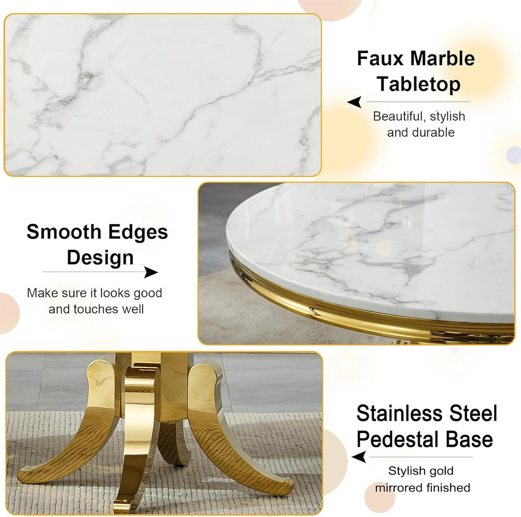 45 inch Round Marble Dining Table for 4 to 6, Modern Circular White Faux Marble Kitchen Table with Gold Stainless Steel Leg, Round Kitchen Dining Room Table for Breakfast Dinette Dinner Dinning Room
