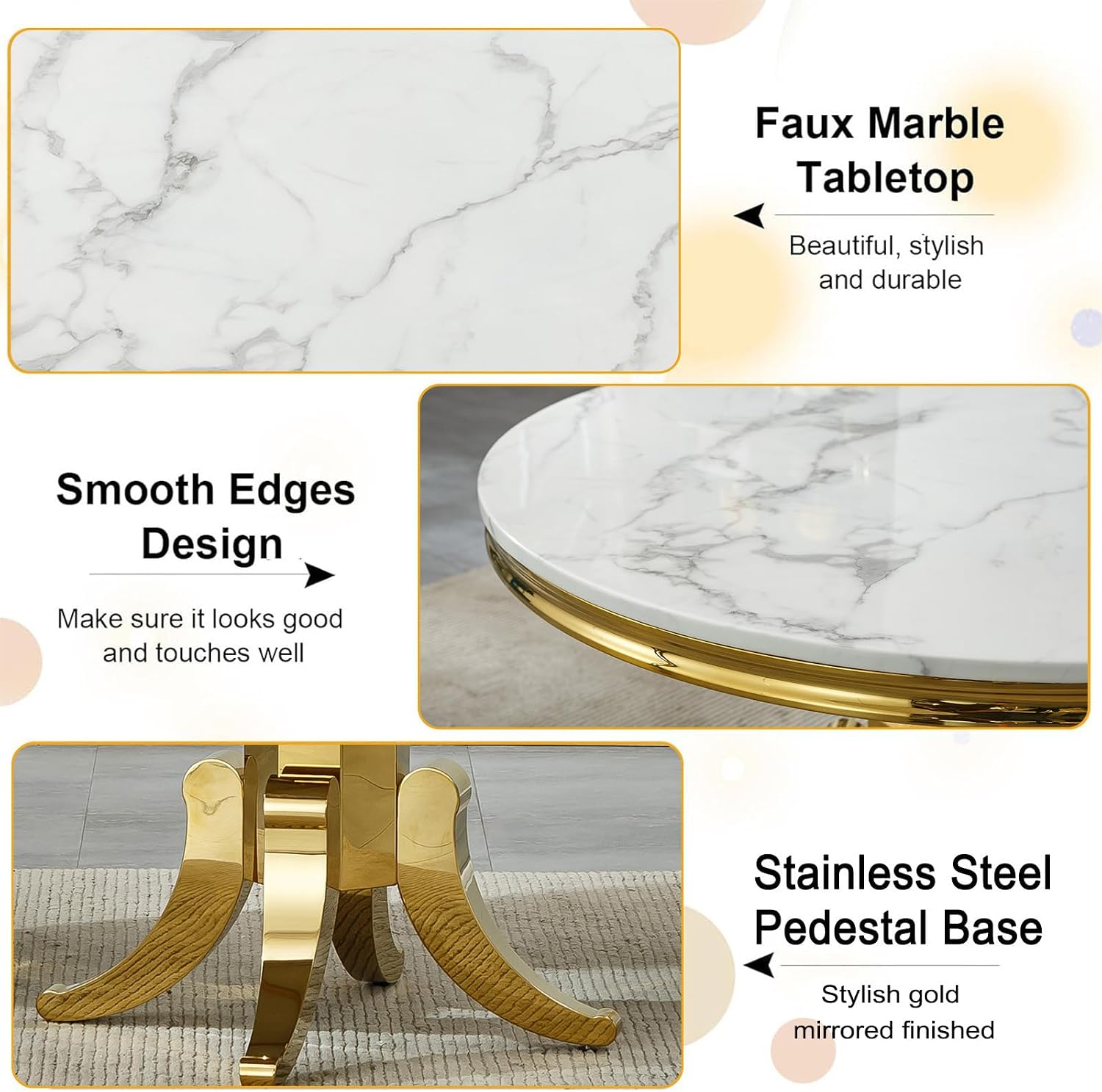 45 inch Round Marble Dining Table for 4 to 6, Modern Circular White Faux Marble Kitchen Table with Gold Stainless Steel Leg, Round Kitchen Dining Room Table for Breakfast Dinette Dinner Dinning Room