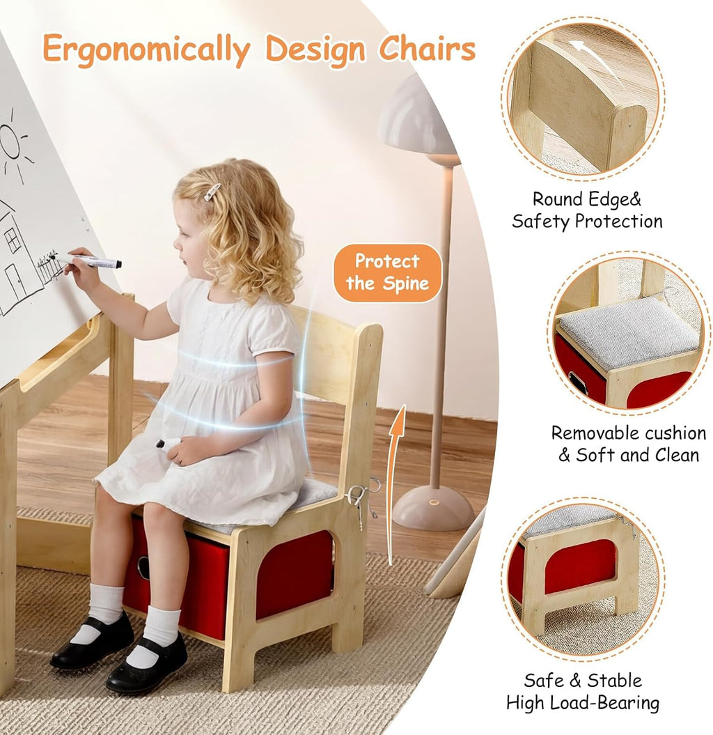 EXPERLAM Kids Table and 2 Chairs Set, Wooden Toddler Activity Table with Adjustable Drawing Tabletop, Safety Hinges, Storage Drawers &Bookshelf for Playroom, Nursery, Ages 1-6, Burlywood
