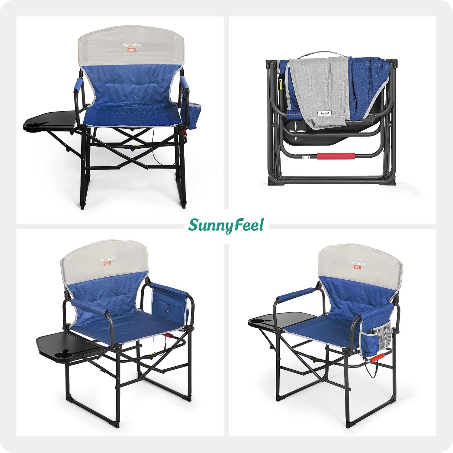 SUNNYFEEL Heated Camping Directors Chair, Heavy Duty,Oversized Portable Folding Chair with Side Table, Pocket for Beach, Fishing,Trip,Picnic,Lawn,Concert Outdoor Foldable Camp Chairs
