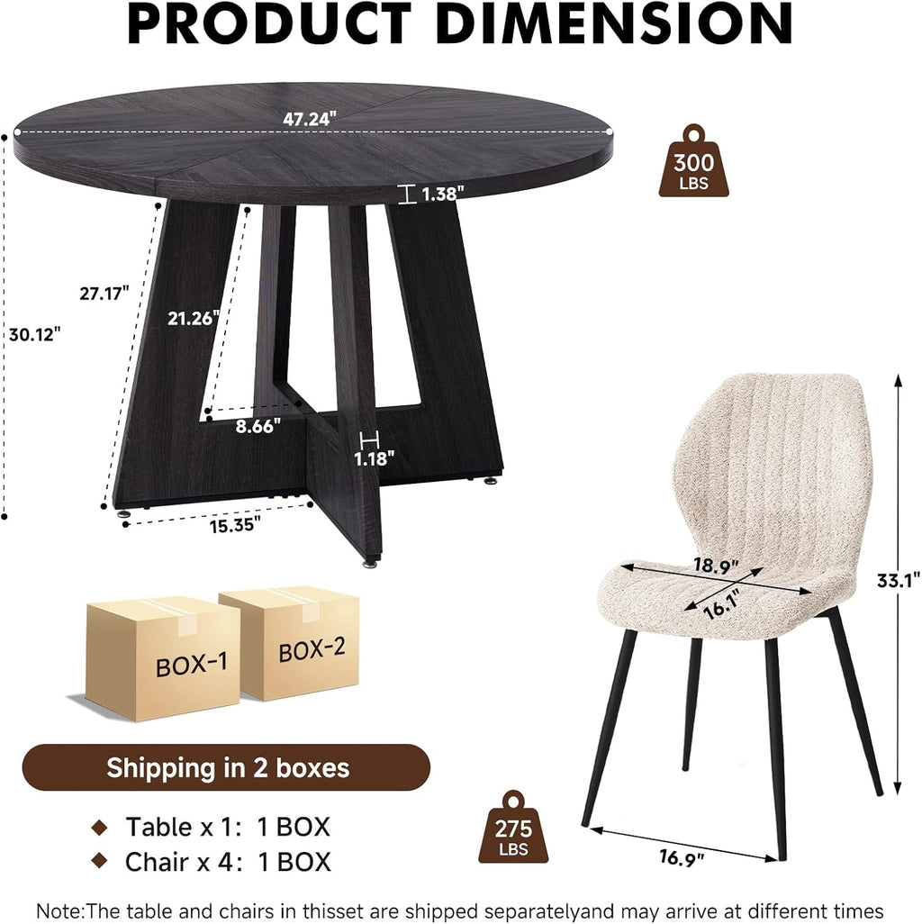 47' Round Dining Table Set for 4 with Chairs Kitchen Table and Chairs Set Mid-Century Modern Chair with Metal Leg for Apartment Living Room(Dark Gray Table with 4 Beige Chairs)