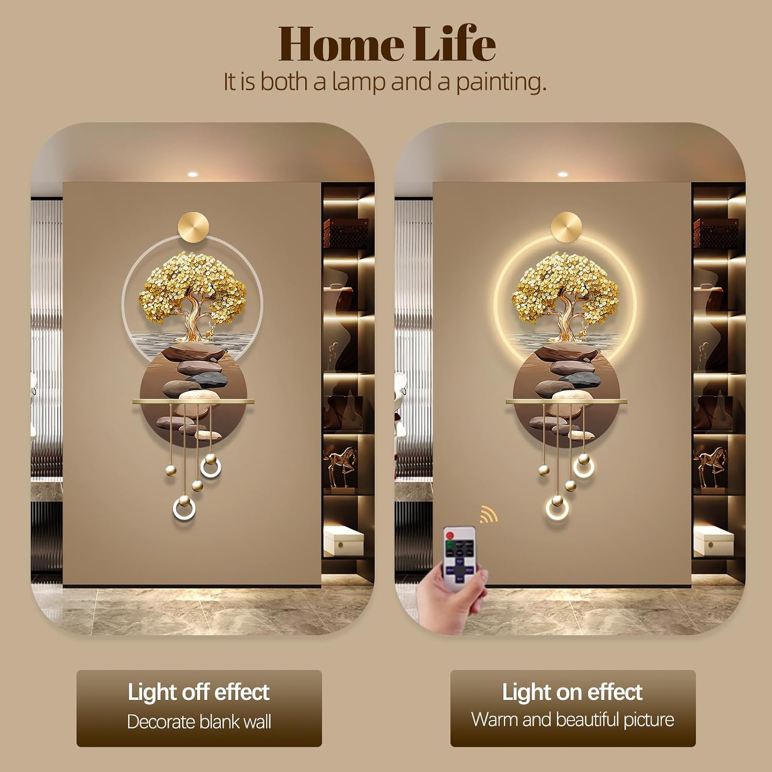 3D Art Wall Decor with Light, Art 3D Decor Wall Sculptures LED Modern Home Decors Picture Walls Light Chinese, Plug-in Power Supply, Gold T, 23x53IN