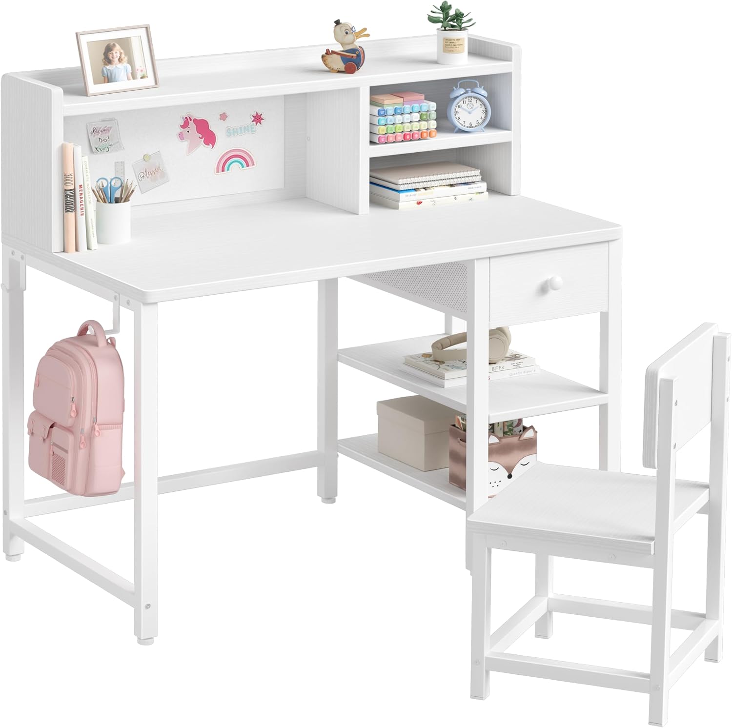 BOLUO White Kids Desk and Chair Set for 6-12 Year Old, Children Study Desk with Hutch and Storage Shelf, Student Writing Table with Fabric Drawer for Girls Boys